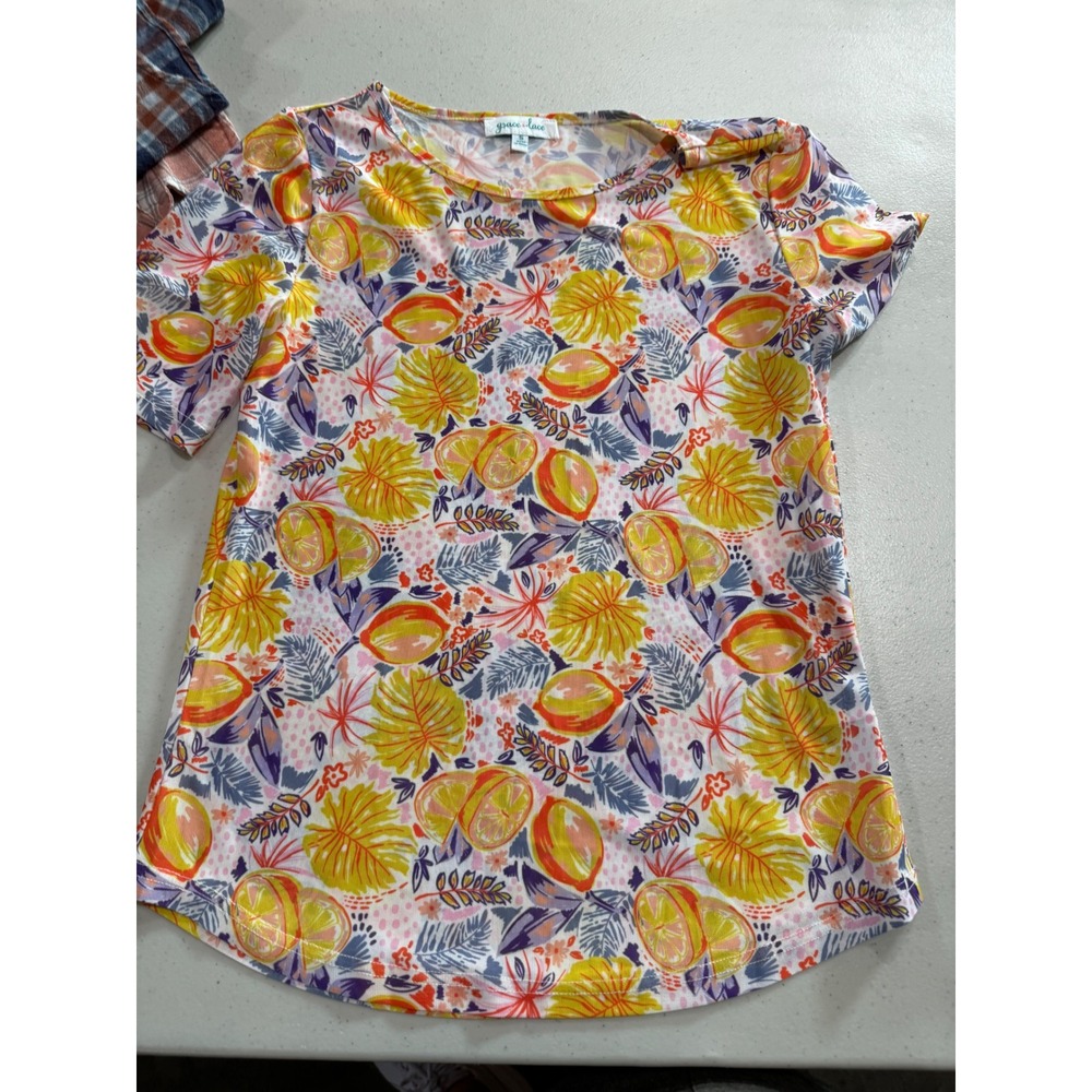 Grace & Lace Tropical Fruit Print Short Sleeve Mesh Top Yellow Orange Womens S